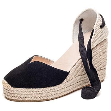 Imagem de U-lite Sandália feminina espadrille rasteira fechada no tornozelo, cadarço clássico verão elegante sapatos rasos, Plataforma de camurça preta - 10 cm, 37