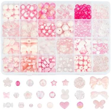 Imagem de SOFPLATE 1 caixa, 356 peças, contas de acrílico rosa, sortidas, contas de cristal estéticas, laço doce, borboleta, coração, flor, estrelas, lindos kits de contas redondas para pulseira, colar, joias,