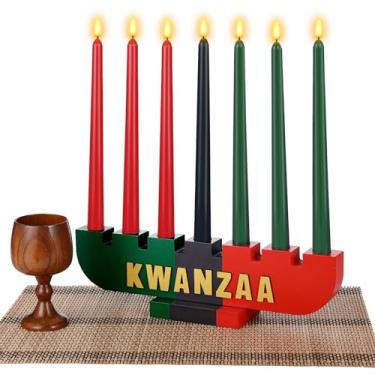 Imagem de Conjunto de 10 peças Kwanzaa Kinara 3 velas vermelhas 3 verdes 1 preto Kwanzaa castiçal de madeira dupla face Kwanzaa decorações de celebração Kwanzaa