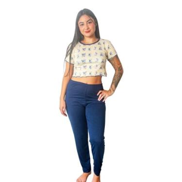 Imagem de Pijama Cropped Estampa Personagem Calça Lisa Confortável Adulto Moda N