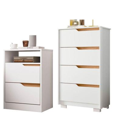 Imagem de Kit Cômoda 4 Gavetas E Mesa De Cabeceira Sara 2 Gavetas Flex Branco/freijó