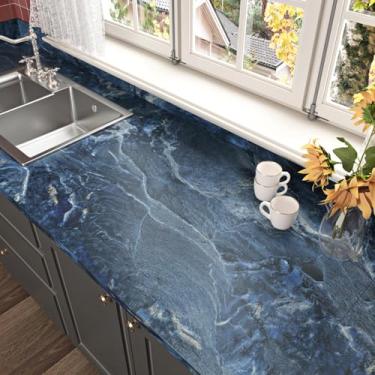 Imagem de Wallercity Papel de contato de mármore cinza fosco/azul para bancadas papel de parede de granito à prova d'água para quarto papel de contato decorativo para gavetas de mesa papel de contato azul fosco