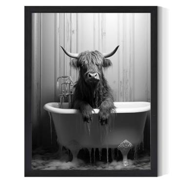 Imagem de XOCUUI Arte de parede em tela vintage Highland Cow, imagens de vaca preta e branca, decoração de parede de prateleira de banheiro ocidental, decoração de casa de fazenda, decoração de quarto fofo,