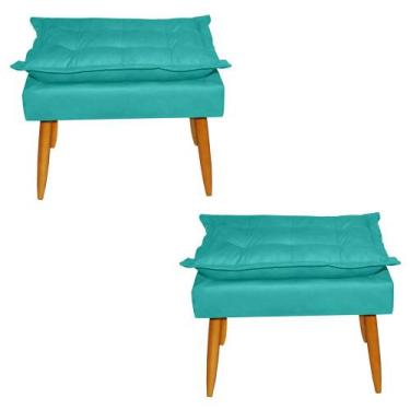 Imagem de Kit 02 Puffs Banqueta Retangular Opala Suede Azul Turquesa Pés Madeira