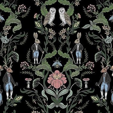 Imagem de Papel de parede floral preto/verde, 45 x 599 cm, animais da floresta, papel de contato decorativo, papel de parede removível à prova d'água, vinil autoadesivo, para sala de estar, armários de sala de