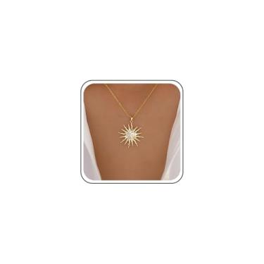 Imagem de Sttiafay Boho Sunburst Colar com pingente dourado cristal sol colar lua sol corrente colares CZ spike sol gargantilha colares joias para mulheres, Zinco, Sem Pedra Preciosa