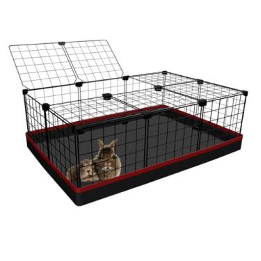 Imagem de Cercado Pet para Porquinho da Índia Coelho 80x120x40cm Gaiola com Teto Bandeja Higiênica Tapete Impermeável Fácil de Limpar (Tela Preta e Tapete Vermelho)