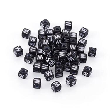 Imagem de FASHEWELRY 500 peças de contas de acrílico em cubo 5 x 5 x 5 mm preto quadrado letra W contas do alfabeto para pulseira faça você mesmo colar para fazer joias