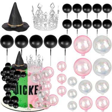 Imagem de Rsstarxi Pacote com 31 3D coroa chapéu de bruxa topo de bolo balões rosa preto palheta de bolo para tema magia bruxa mágica chá de bebê casamento festa de aniversário decoração de bolos suprimentos