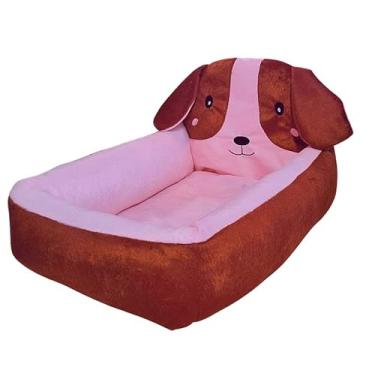 Imagem de Cama Pet com Bordado para Cachorro e Gato, Interior em Pelúcia, Colchonete Removível, Fundo Impermeável (Marrom com Rosa, GG)