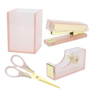Imagem de Dispensador de fita de acrílico transparente ouro rosa de 2,5 cm para serviço pesado, grampeador de caneta MultiBey com 950 peças, 24/6, 26/6, grampos de ouro rosa, conjunto de artigos de papelaria