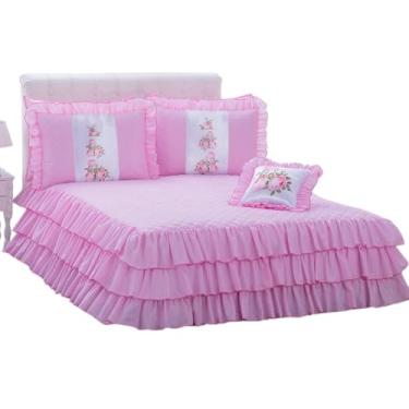 Imagem de Kit 4 Peças Cobre Leito Casal Padrão 1,90m x 1,40m com Porta Travesseiro 70x50 e Capa de Almofada 35x35 com Babados Rosa