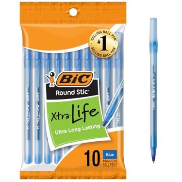 Imagem de BIC Canetas esferográficas redondas Stic Xtra Life azuis, ponta média (1,0 mm), pacote com 10 canetas a granel, barril redondo flexível para conforto de escrita, canetas esferográficas número 1 em