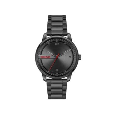 Imagem de HUGO #Stamp Relógio masculino de quartzo 3H, aço inoxidável, resistente à água até 3 ATM/30 metros, relógio minimalista clássico e moderno, presente para ele, 42 mm, Preto