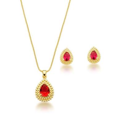 Imagem de Conjunto Colar e Brincos Gota Vermelho Banhado a Ouro 18k - Atraktiva 
