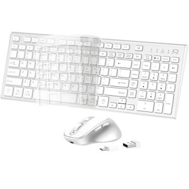 Imagem de Combo de teclado e mouse sem fio, USB tipo C, recarregável, fino, silencioso, teclado compacto de tamanho completo com teclado numérico e capa para Windows, macOS, PC/computador/laptop - prata