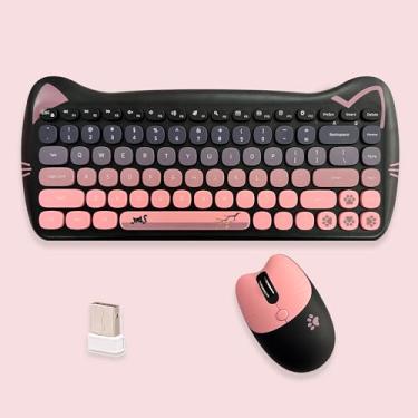 Imagem de Cute Cat Combo teclado e mouse sem fio USB 2,4 G, teclas silenciosas, cores doces, compatível com notebook, PC (BlackPink-84Keys)