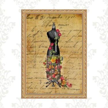 Imagem de Quadro Moldura Dourada Manequim Costura Flores 33X24Cm - Quadros On-Li