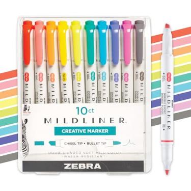 Imagem de Zebra Conjunto de marcadores de ponta dupla Pen Mildliner, pontas largas e finas, cores de tinta variadas e amigáveis, pacote com 10 (78501)