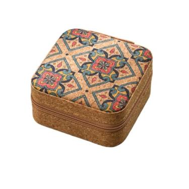 Imagem de USUASI Caixa de joias de cortiça floral, 10 x 10 x 5 cm, estojo de armazenamento de viagem para brincos, anéis e colares (trevo de quatro folhas da sorte)