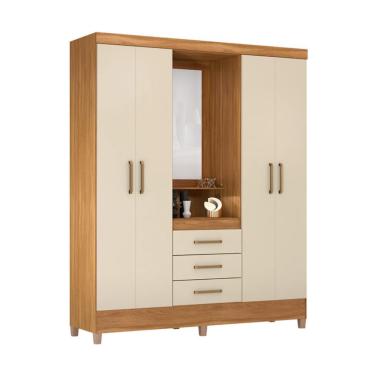 Imagem de Guarda-Roupa Solteiro com Espelho Capelinha 4 Portas 3 Gavetas Amêndoa e Off White
