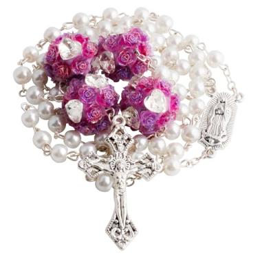 Imagem de HELLOWIN Colar feminino de contas de rosário de vidro de 6 mm com medalha católica de Guadalupe e crucifixo com contas em Y com bolsa de flanela, Regular Size, Vidro, Sem Pedra Preciosa