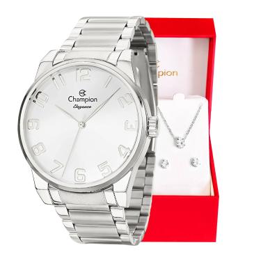 Imagem de Relógio Feminino Champion Analógico Prata CN27652Q Kit Colar e Brincos