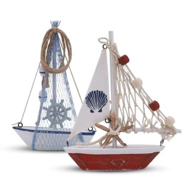 Imagem de 2 peças de decoração de veleiro de madeira, mini decoração costeira feita à mão para casa, enfeites de barco à vela em miniatura, acessórios rústicos de banheiro de praia para quarto (vermelho)