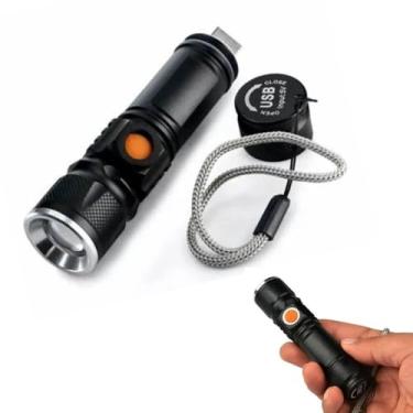 Imagem de Mini Lanterna Tatica Militar Alcança Até 500 Metros LED T6 Recarregável USB Zoom 3 Modos Bateria de Lítio Interna Corpo Em Alumínio