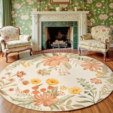 Imagem de jinchan Tapete floral redondo de 2,4 m para sala de estar - Tapete de flores lavável macio antiderrapante círculo 2,5 m tapete redondo para sala de jantar, quarto, casa, escritório, coral rosa em bege
