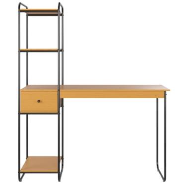 Imagem de Escrivaninha Home Office com Prateleira Torre 1 Gaveta Escritório Notebook Estilo Industrial Criare (Nature com Preto)