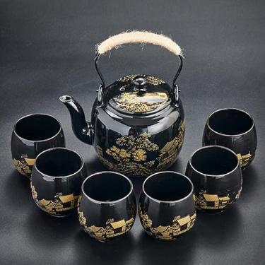 Imagem de Conjunto de chá japonês, conjunto de chá de cerâmica esmaltada preta asiática - contém 1 bule de chá, 1 coador de chá e 6 xícaras de chá. Ideal para casa, ao ar livre, escritório (preto) 2)