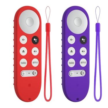 Imagem de 2 capas coloridas de silicone para controle remoto Google Tv Streamer, capa protetora antiderrapante e durável para controle remoto Google Chromecast com cordão (vermelho + roxo)