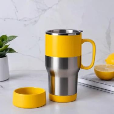 Imagem de Copo Térmico Parede Dupla em Aço Inox Amarela 500ml com Alça Ergonômica - Estilo Esportivo