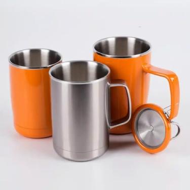 Imagem de Caneca Térmica Parede Dupla em Aço Inox Laranja 400ml com Canudo - Estilo Liso