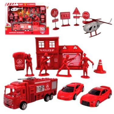 Imagem de Kit Brinquedo Bombeiro caminhão helicóptero quartel completo - Marca