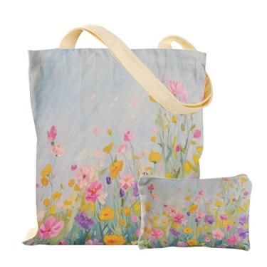 Imagem de VADOO Sacola de lona – com zíper e bolsa pequena, linda bolsa de ombro feminina reutilizável grande para academia, faculdade, viagens, biblioteca, compras (céu e floral)