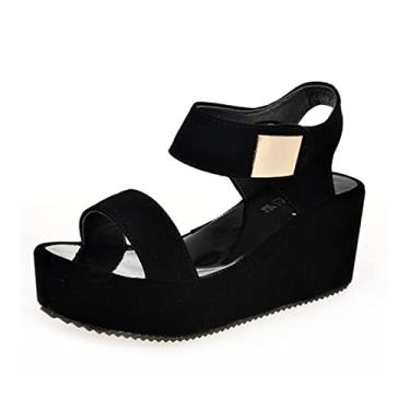 Imagem de Sandálias femininas de plataforma de cunha, parte superior macia, forro confortável, sandálias de tira de tornozelo em pasta, moda, antiderrapante, chinelos de praia, para saias longas(Black,40 EU)