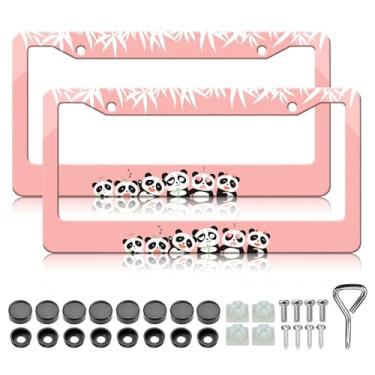 Imagem de Moldura de placa de licença panda - 2 peças bonito Panda bambu animal alumínio metal suporte de placa de licença, à prova de ferrugem, à prova de ferrugem, molduras decorativas para carro padrão EUA