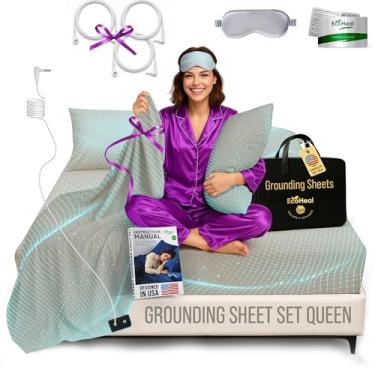 Imagem de ECOHEAL Jogo de lençol Queen com elástico e lençol de cima bege com fronhas - 12% fibra de prata, 4% seda, 84% algodão orgânico - Kit de aterramento de cama condutor para dormir melhor