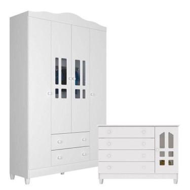 Imagem de Cômoda Gran Selena E Guarda Roupa Infantil Ariel 4 Portas Branco Brilho - Carolina
