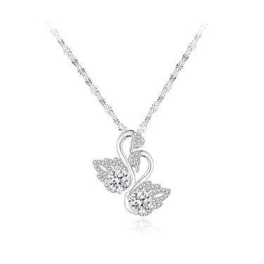 Imagem de DIAMANTIO Colar elegante de cisne duplo banhado a ouro 18K com zircônia cúbica – joia feminina com pingente de pássaro do amor em tom prateado