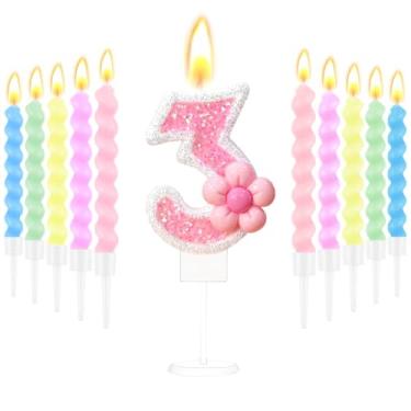 Imagem de Velas de aniversário para bolo com glitter rosa número 3 velas com 10 peças de velas espirais para meninas de 3 anos, decoração de aniversário, decoração de festa de aniversário pastel