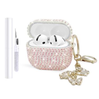 Imagem de AIIEKZ Capa compatível com AirPods 4 2024, capa rígida de TPU com glitter diamante para AirPods 4ª geração com chaveiro de borboleta brilhante e kit de limpeza para meninas e mulheres (rosa)