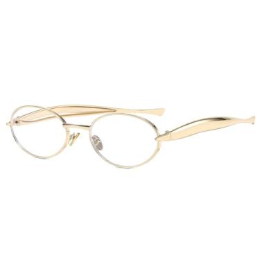 Imagem de Long Keeper Óculos de sol oval retrô de metal para mulheres e homens, óculos de sol modernos de sardinha dos anos 70, armação de metal dourado UV400, Dourado transparente