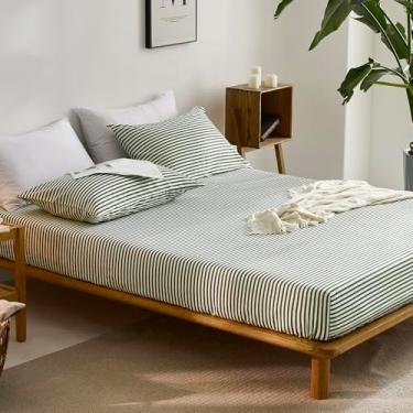 Imagem de JELLYMONI Lençol Queen 100% algodão listrado verde com profundidade extral 40,6 cm, bolso profundo ultramacio respirável estampado verde com estampa de listras brancas, 1 lençol com elástico