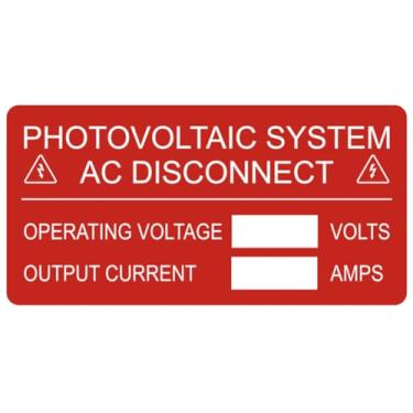 Imagem de Etiqueta de segurança de desconexão CA do sistema fotovoltaico, adesivo de aviso vermelho e branco, informações de corrente de saída de tensão operacional, 5 x 10 cm, pacote com 25