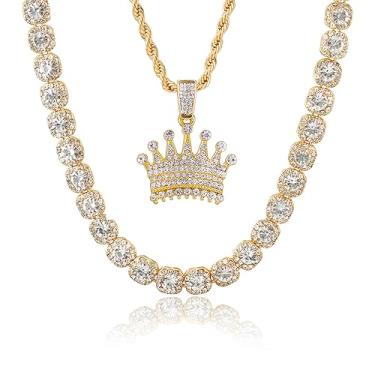 Imagem de ICE STAR Corrente masculina luxuosa de 11 mm quadrada de 11 mm - joia elegante com diamantes simulados, zircônia cúbica em liga durável - disponível em acabamento dourado ou prateado 14k, Metal,