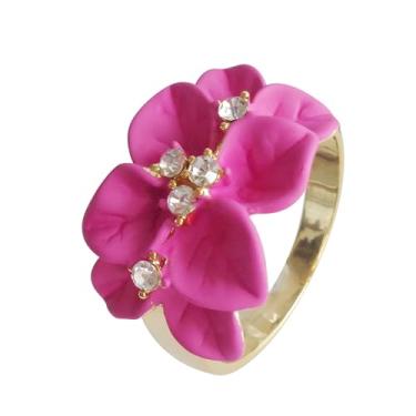 Imagem de Navachi Anel de flor de folhas de esmalte de cristal transparente banhado a ouro 18 k, 11, Zinco Zinco Esmalte, Cristal