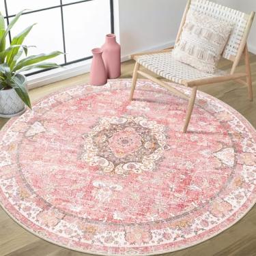 Imagem de Castage Tapete redondo rosa de 1,2 m, tapetes circulares laváveis para quarto, banheiro, entrada, cozinha, pequeno, boêmio, vintage, boêmio, envelhecido, oriental, floral, antiderrapante, flores